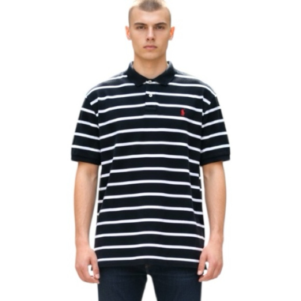 Ralph Lauren Polo Shirt Black White Striped Sz 2XL Short Sleeve Red Pony Preppy